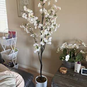 Nearly Natural 6ft. White Artificial Cherry Blossom Tree in Potted Floor Stand